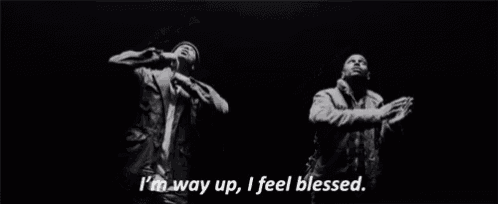 a black and white photo of two men with the words " i 'm way up , i feel blessed "