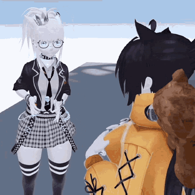 a girl in a plaid skirt is standing next to a boy with a yellow jacket