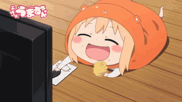 a cartoon of a girl wearing an orange hat eating chips
