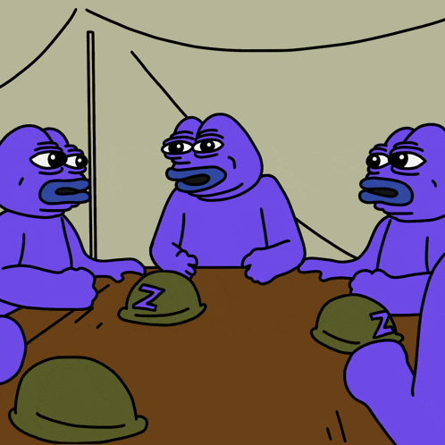 a group of purple frogs are sitting around a table with a green helmet that says z on it