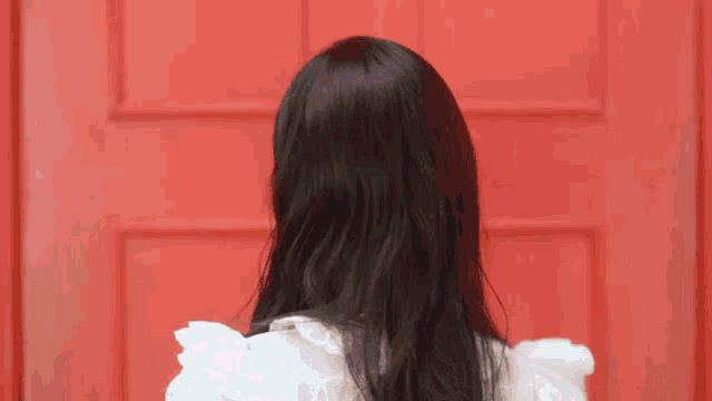 the back of a woman 's head is shown against a red door .