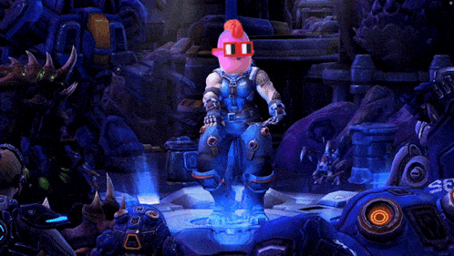 a video game character wearing a pink mohawk and glasses