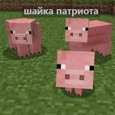 three pigs are standing on top of a lush green field in a minecraft game .