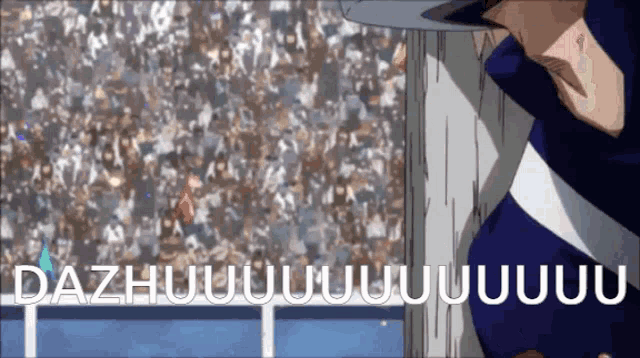 a man in a cowboy hat stands in front of a crowd and says " dazhuuuuuuuu "
