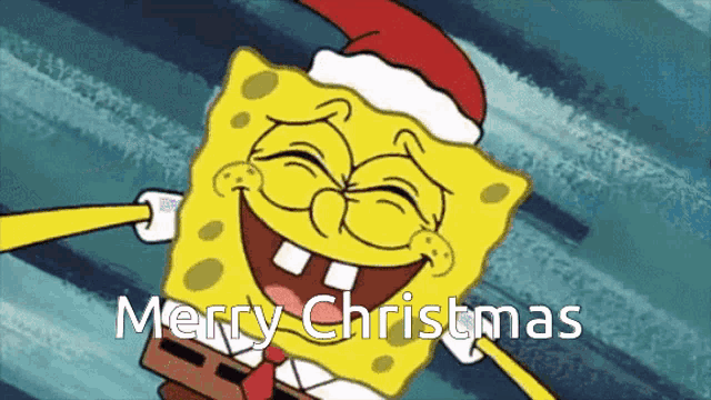 a cartoon of spongebob wearing a santa hat with merry christmas written below him
