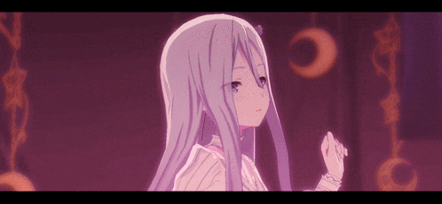 a girl with long white hair is standing in front of a wall with a crescent moon in the background .