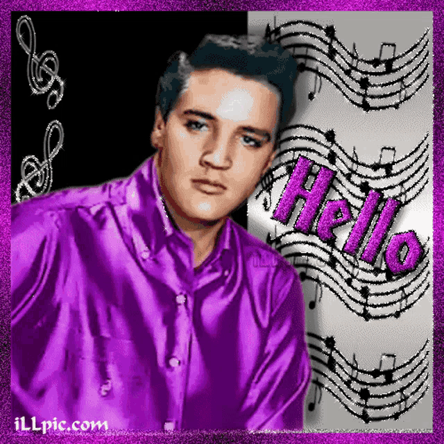 a picture of elvis presley in a purple shirt with the word hello on it