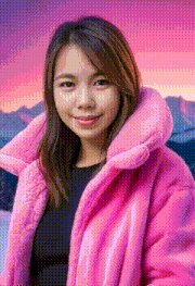 a woman is wearing a pink fur coat with mountains in the background .