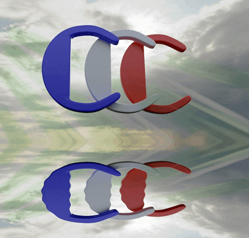 a blue white and red letter c with a cloudy background