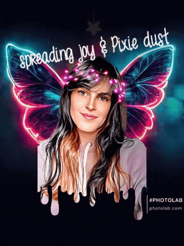 a picture of a woman with butterfly wings and the words " spreading joy & pixie dust "