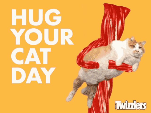a cat is hanging from a red candy stick with the words " hug your cat day " above it