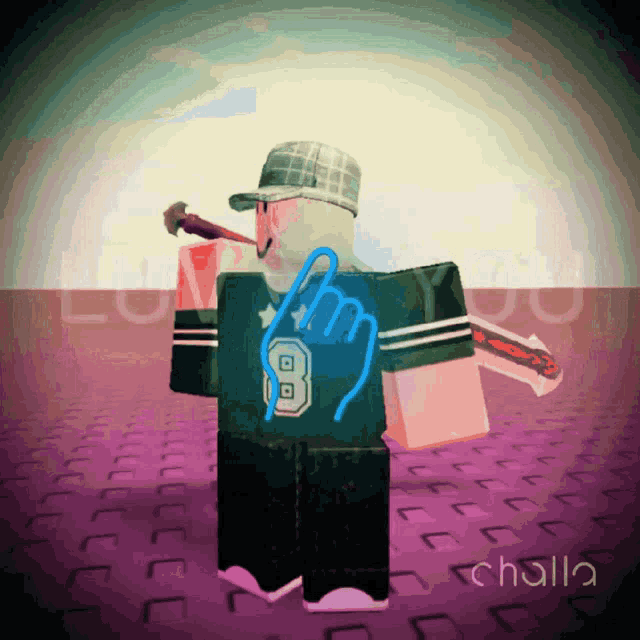 a roblox character with the number 8 on the back of his shirt