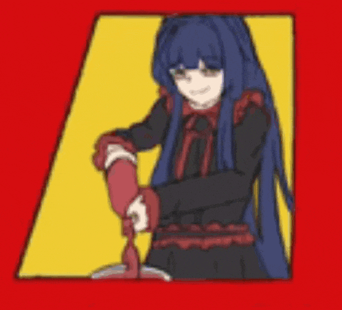 a cartoon drawing of a girl with long blue hair holding a red object .