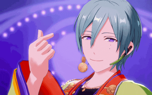 a person with blue hair and purple eyes is making a heart shape with their fingers