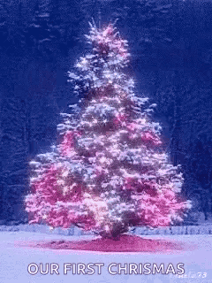 a pink and white christmas tree in the snow with the words our first christmas