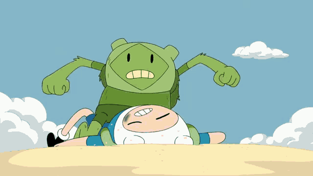a cartoon character laying on the ground with a green monster standing next to him