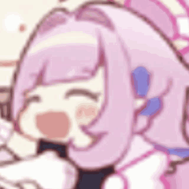 a close up of a cartoon girl with purple hair and a purple bow .