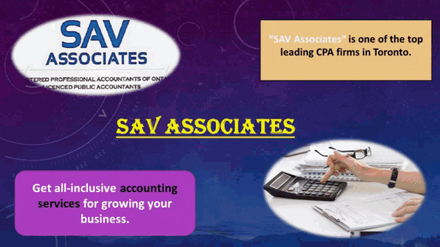 a flyer for sav associates shows a person using a calculator