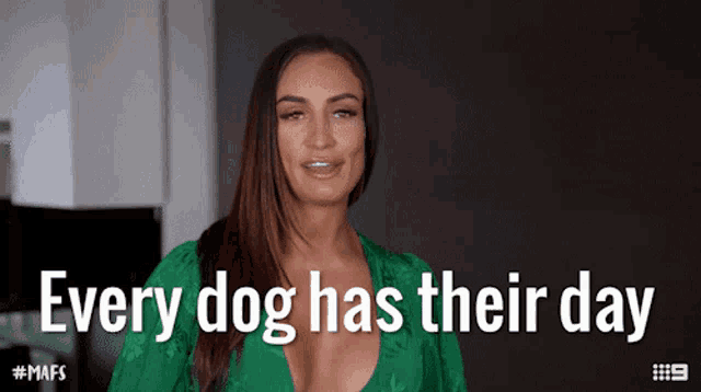 a woman in a green dress with the words every dog has their day