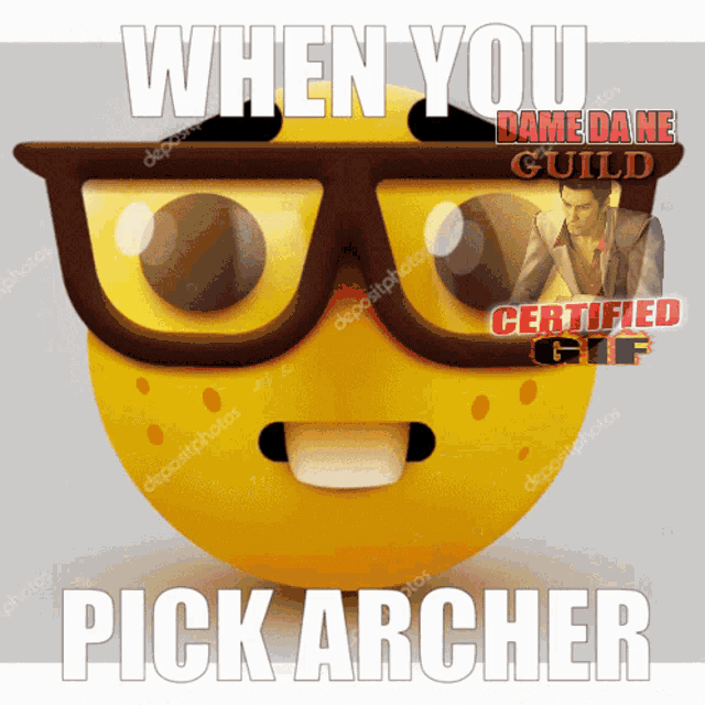 a yellow smiley face with glasses and the words when you dame dame guild certified gif