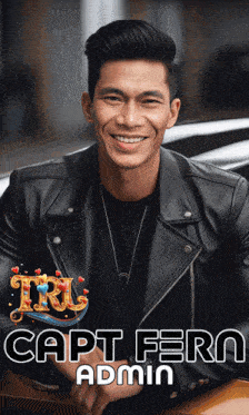 a man in a black leather jacket is smiling with the name capt fern admin behind him