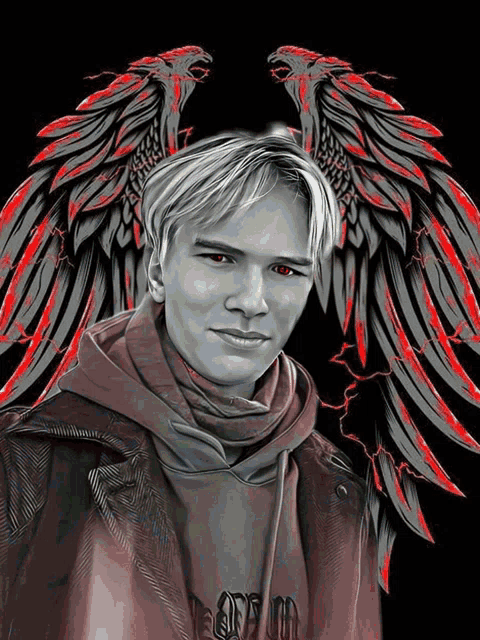 a drawing of a man with wings and the word freedom on his hoodie