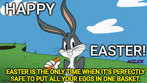 bugs bunny is holding a carrot with the words happy easter written below him