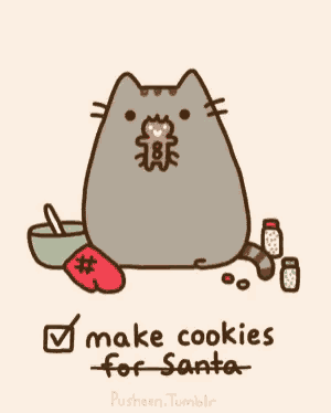 a cartoon of a cat with a gingerbread man in its mouth that says " make cookies for santa "