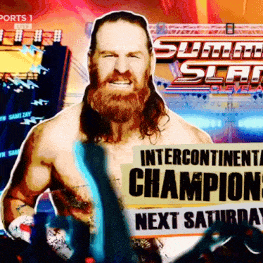 a man with a beard is holding a sign that says ' intercontinental champions next saturday '