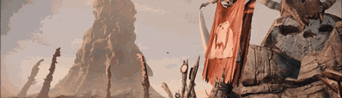 a painting of a landscape with a mountain in the background and a red flag with the letter m on it