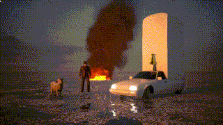 a white car is parked in front of a large building on fire