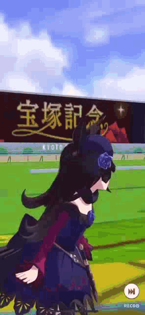a girl in a black dress is riding a horse on a race track in front of a large billboard .