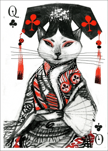 a drawing of a cat wearing a kimono and a hat with the letter q on it