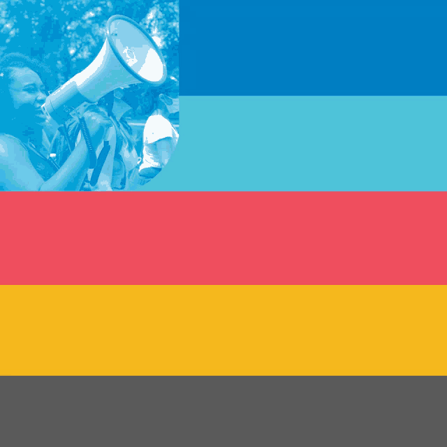 a woman is holding a megaphone in front of a blue red yellow and gray background
