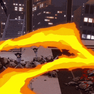 a cartoon drawing of a fire coming out of a hole in a building