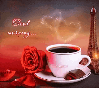 a cup of coffee is on a saucer next to a red rose and a chocolate bar with the words good morning written on it