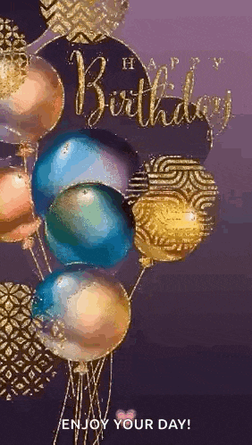 a bunch of balloons are flying in the air on a purple background with the words `` happy birthday , enjoy your day ! ''