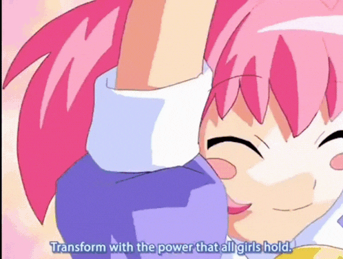 a cartoon of a girl with pink hair says " transform with the power that all girls hold "