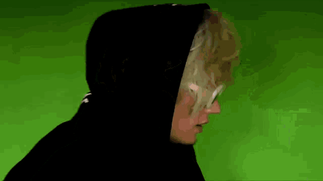 a man wearing a black hoodie and white sunglasses is standing in front of a green background .