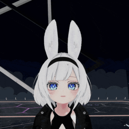 a girl with white hair and blue eyes is wearing white bunny ears