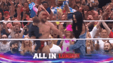 a man in a wrestling ring with the words all in london on the bottom