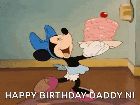 a cartoon of minnie mouse holding a tray with a cake on it and saying happy birthday daddy ni