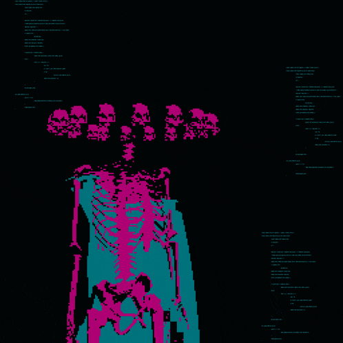 a pixel art of a skeleton with skulls hanging from it