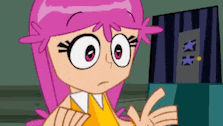 a cartoon girl with pink hair and big eyes is standing in front of a door with stars on it