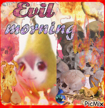 evil morning is written on a picture with skulls