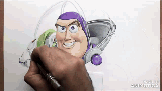 a person is drawing buzz lightyear from toy story on a piece of paper