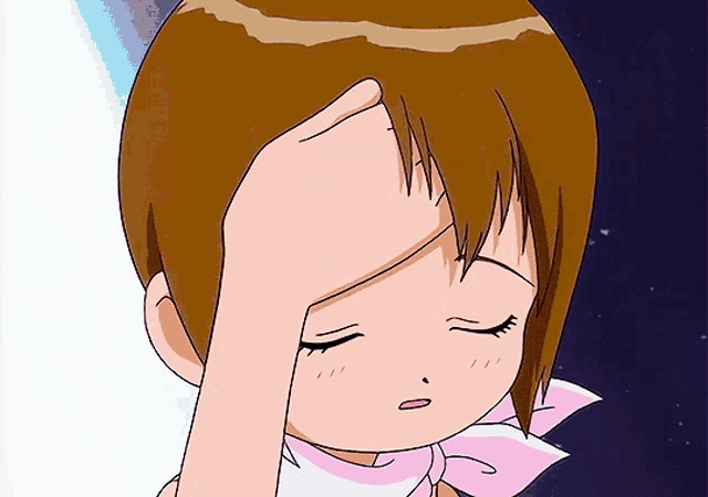 a cartoon girl is holding her head with her hand