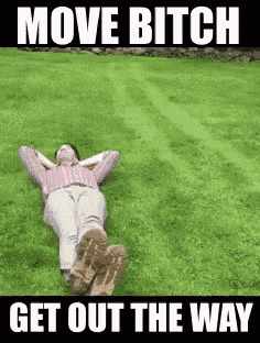 a woman is laying in the grass with the words move bitch get out the way written above her