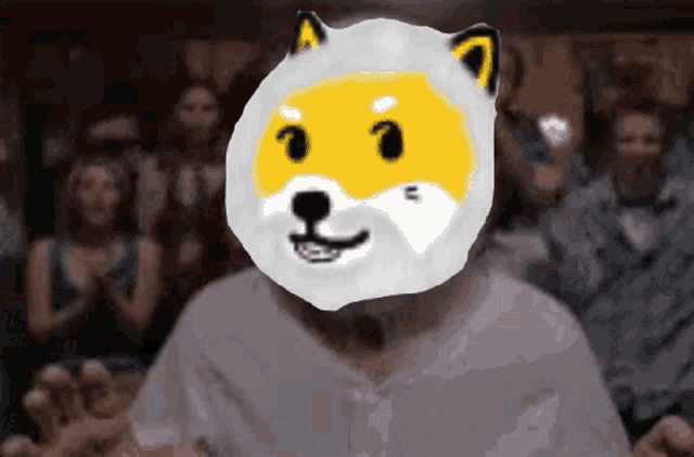 a person with a doge face on their face in front of a crowd