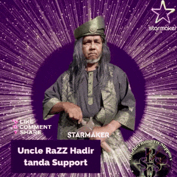 a man with long hair and a beard is standing in front of a purple background that says uncle razz hadir tanda support
